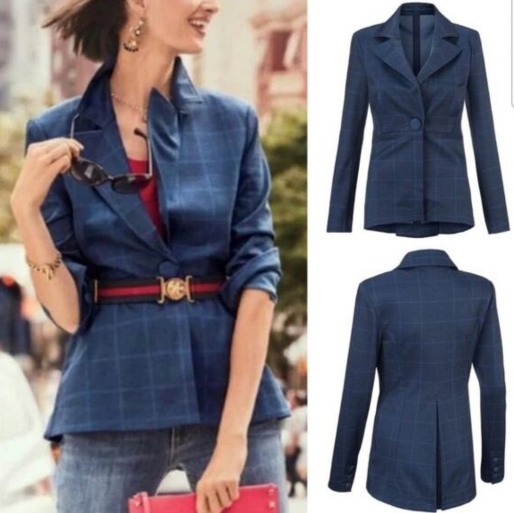 Cabi Sunset Kiss Windowpane Navy Single-Button Bl… - image 1